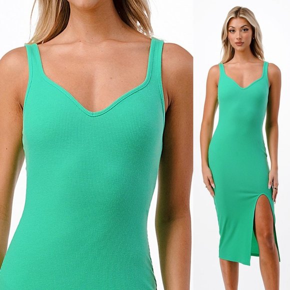 NWOT Sweetheart V Neck Ribbed Knit Side Slit Bodycon Midi Tank Dress Bubble Mint - Picture 2 of 8